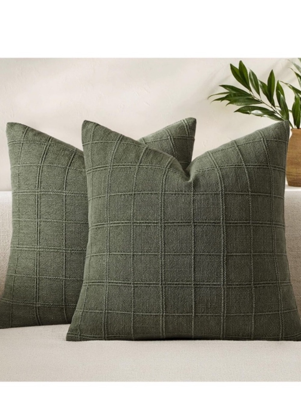 Large Linen Check Pillow Covers SQUARE 26x26” OLIVE GREEN (2-pack)